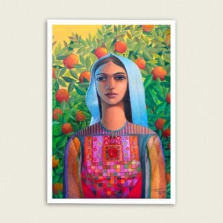 Portrait with Oranges, Palestinian art print By Sliman Mansour