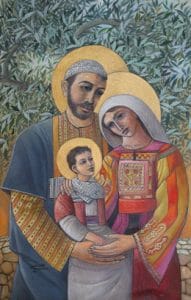 Holy Family in an olive grove Holy Family, Palestinian art prints and posters by Sliman Mansour